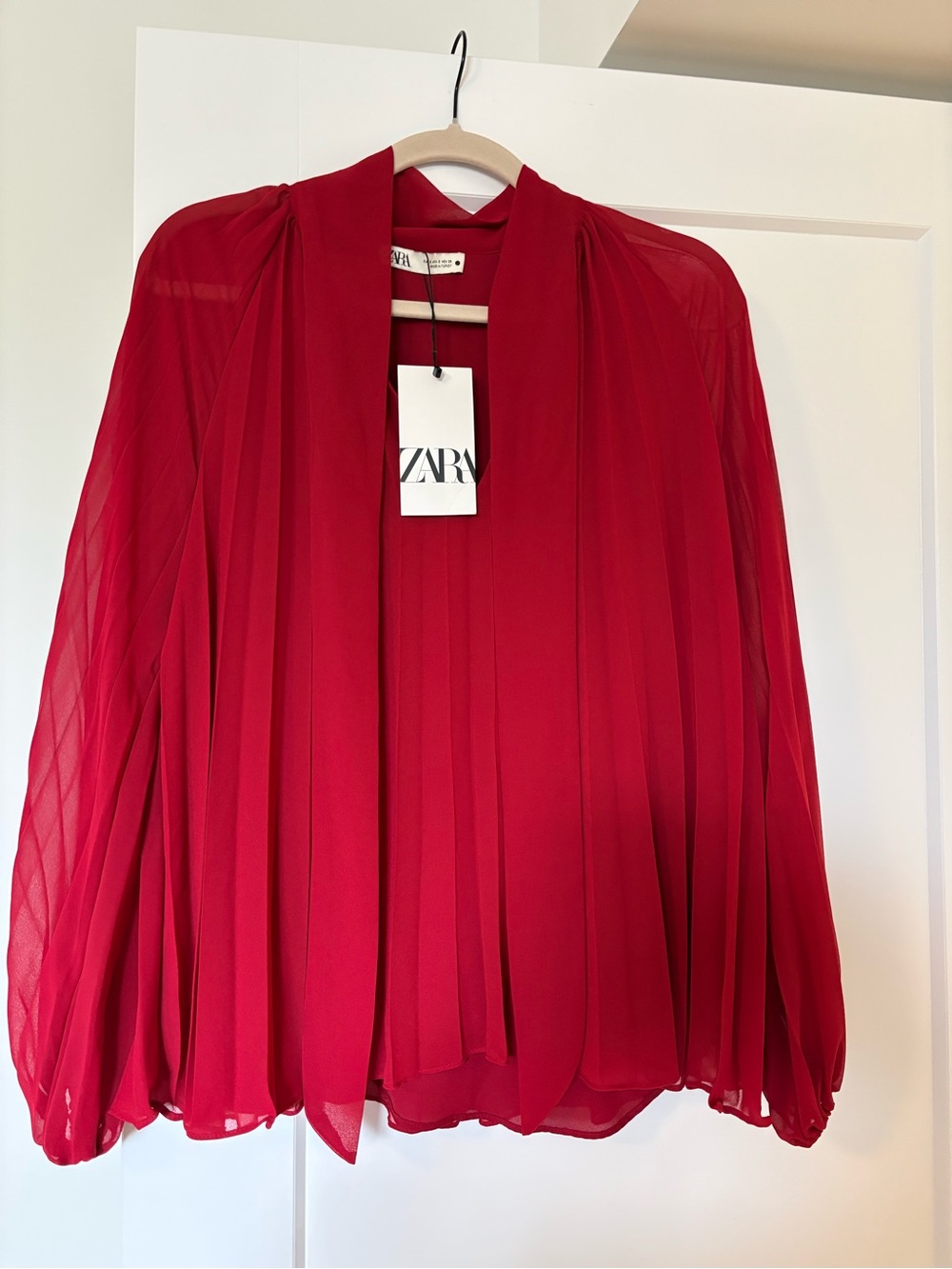 ZARA Bright Red Pleated Sheer Blouse